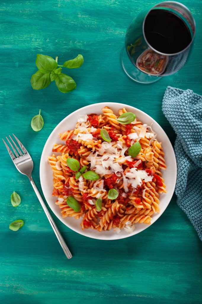 Bella Italia organic kamut fusilli pasta with tomato sauce parmesan basil