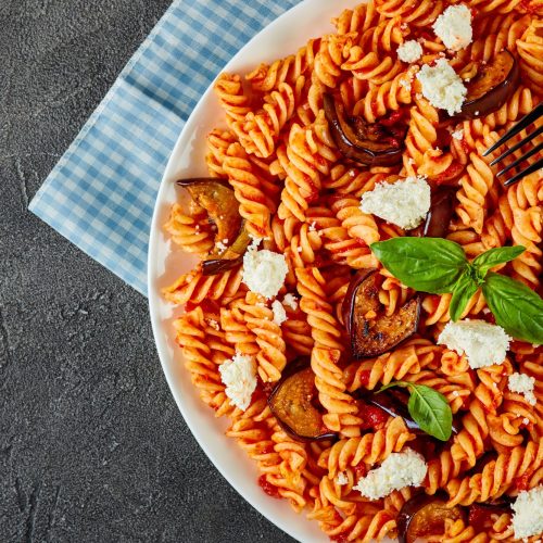 Bella Italia organic kamut fusilli pasta with tomato sauce, mozzarella cheese and fried eggplants slices