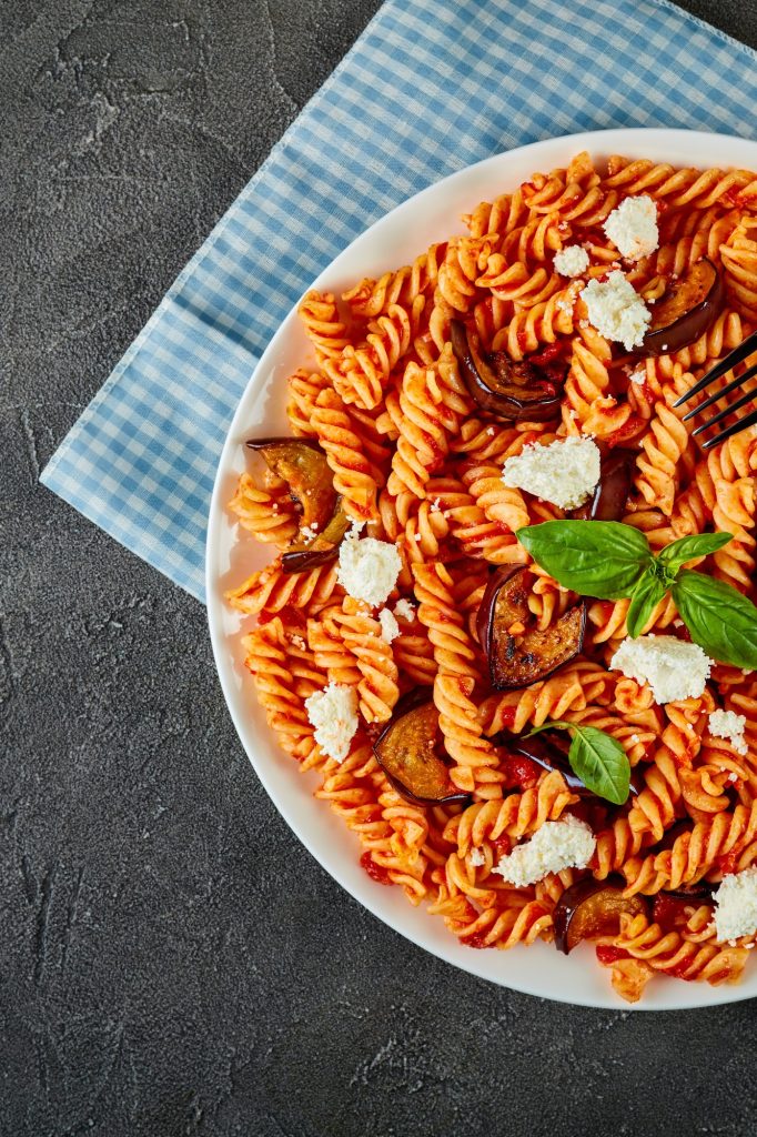 Bella Italia organic kamut fusilli pasta with with tomato sauce, mozzarella cheese and fried eggplants slices